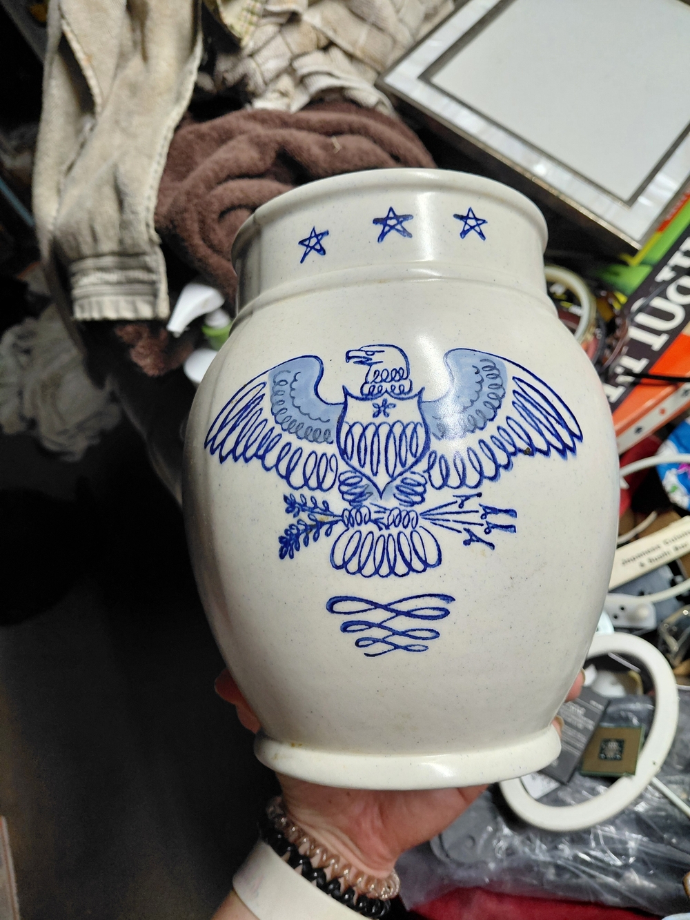 Vintage USA Bicentennial Stoneware Jar Blue On White Eagle 8.5”